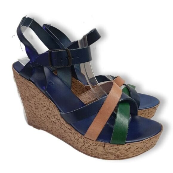 LULU BRAVO Italy Strappy Open Toe Platform Chunky Wedge Heels Sz 8.5 - Picture 1 of 16